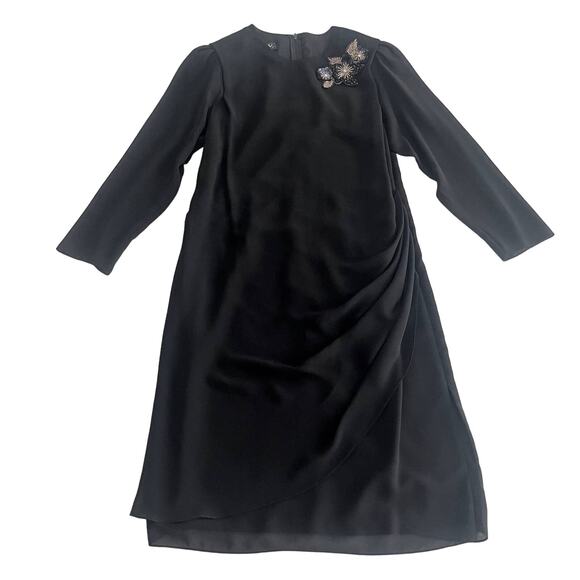 Ursula of Switzerland Black Shift Dress Sz 12 Sequin Flower Sheer Sleeve Formal - Picture 10 of 13